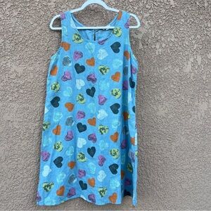Kaktus‎ Italian Linen Womens Sleeveless Dress Blue Heart Pattern Art Casual